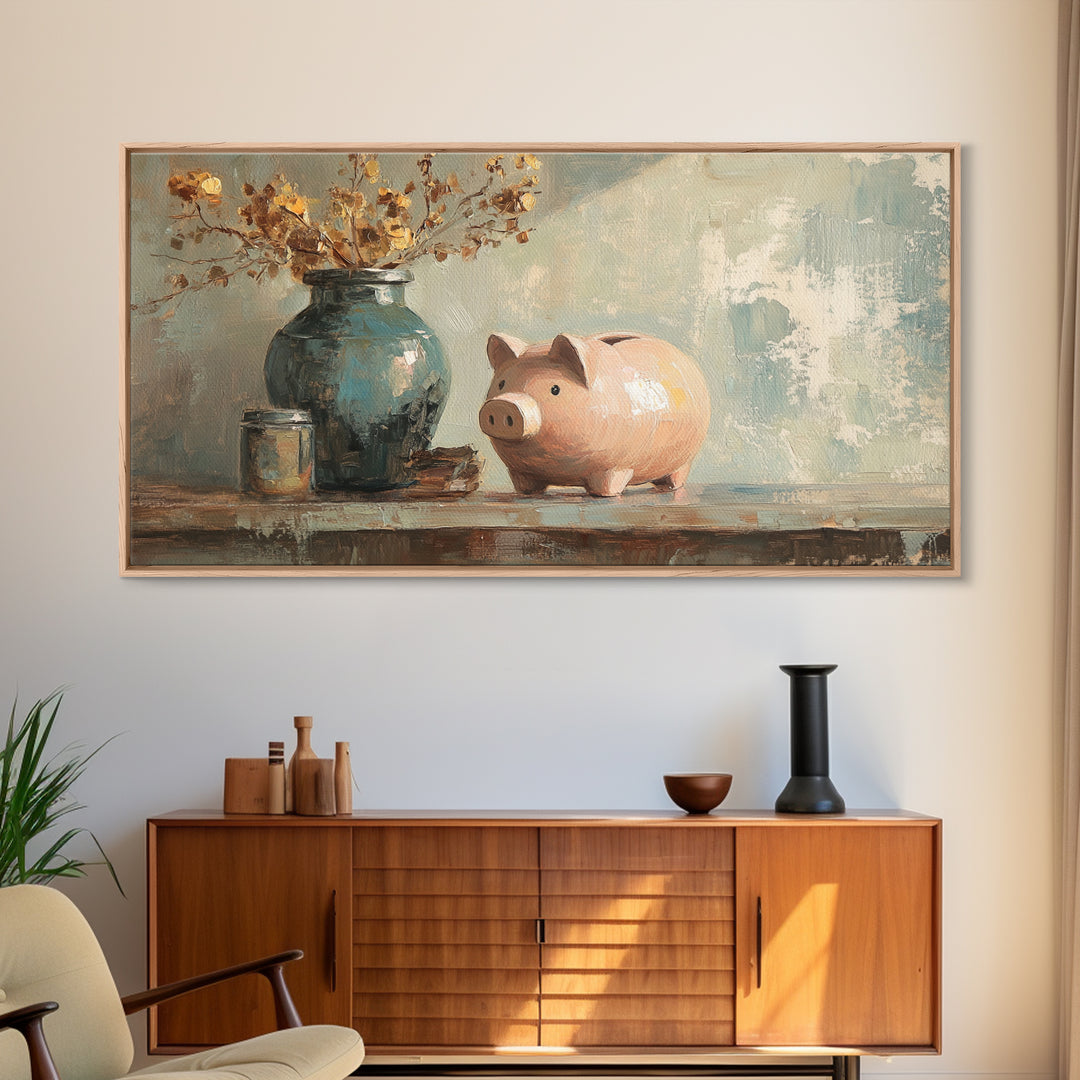 Pink Piggy Bank And Rustic Vase Wall Art, Whimsical Farmhouse Decor, Nursery Animal Canvas Print, Housewarming Gift, Gift For Her