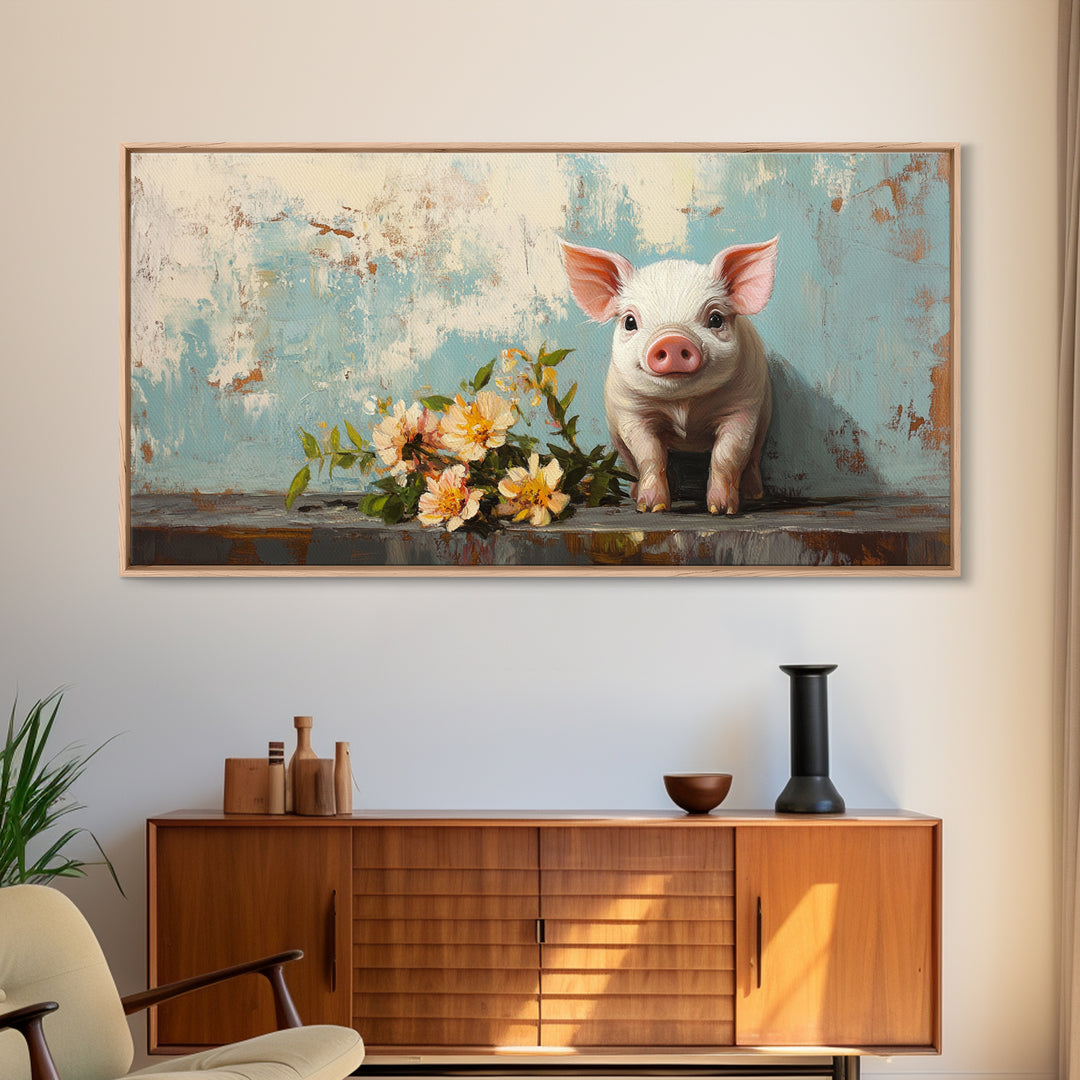 Cute Piglet With Spring Flowers Canvas Print, Farm Animal Wall Art, Whimsical Nursery Decor, Farmhouse Kitchen Wall Decor