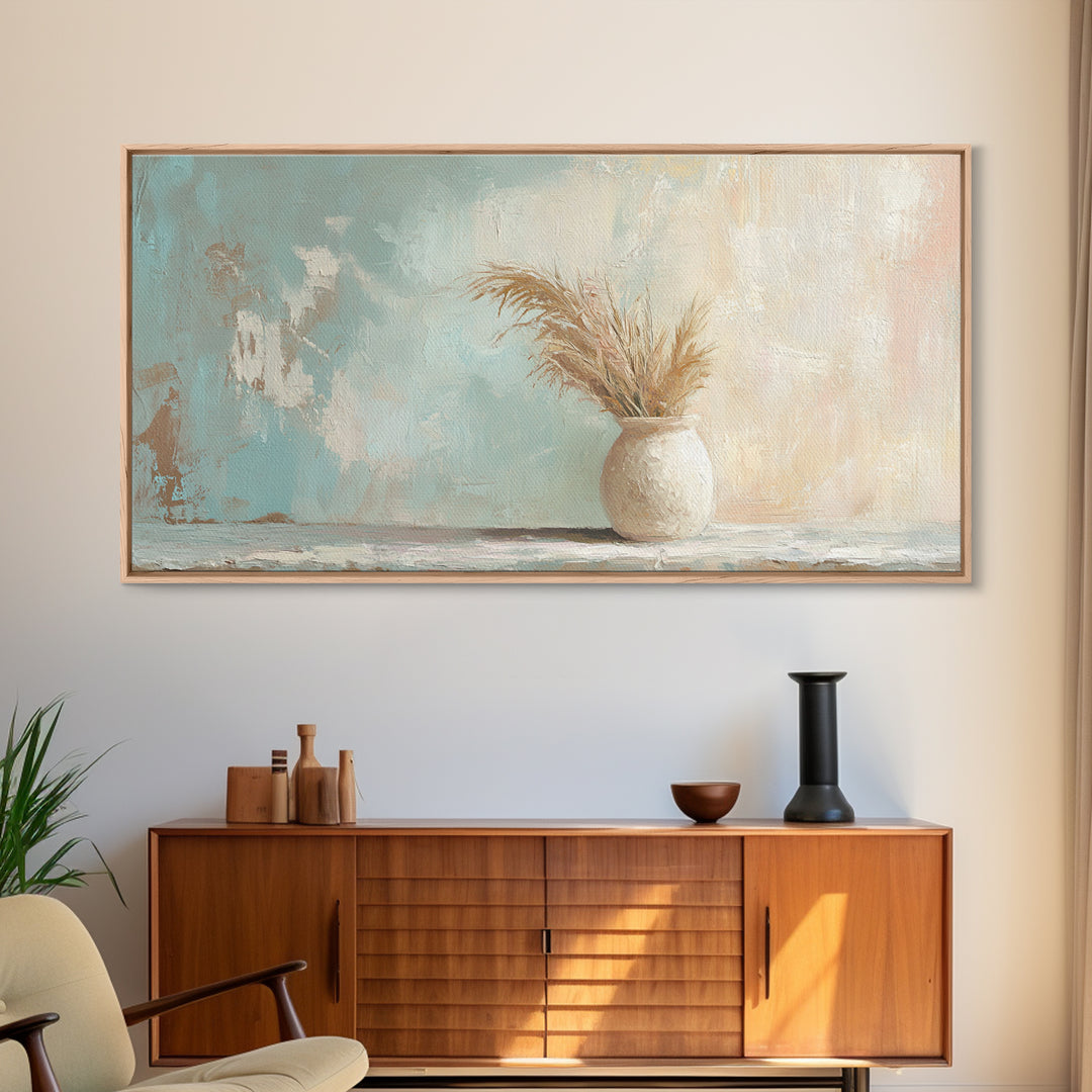 Neutral Pampas Vase Still Life Wall Art, Rustic Farmhouse Canvas Print For Living Room Decor And Cozy Bedroom Wall Decor