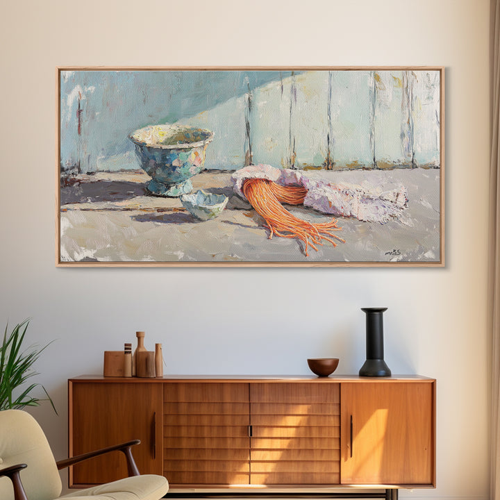 Coastal Bowl And Coral Still Life Wall Art, Textured Canvas Print For Beach House Decor And Ocean Nautical Living Room Decor