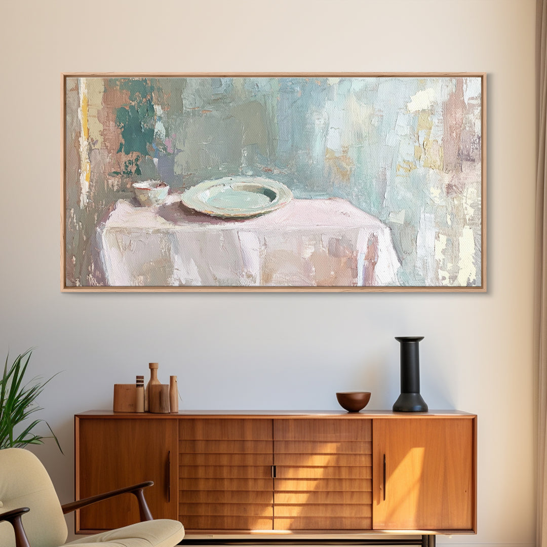 Pale Plate And Bowl Still Life Wall Art, Minimalist Kitchen Decor, Neutral Canvas Wall Art, Modern Dining Room Print, Home Decor