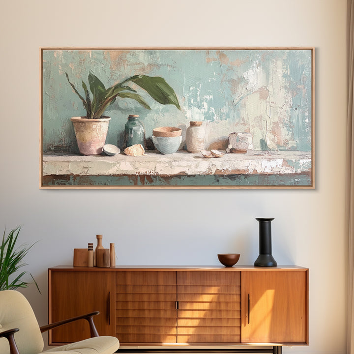 Potted Plant And Ceramic Bowl Canvas Print, Botanical Wall Art, Japandi Kitchen Decor, Neutral Home Decor For Living Room