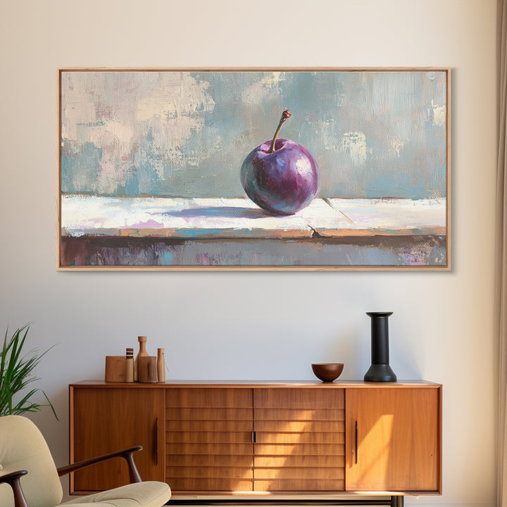 Single Purple Plum Still Life Canvas Print, Minimalist Kitchen Wall Art, Fruit Art Painting, Modern Rustic Home Decor Gift