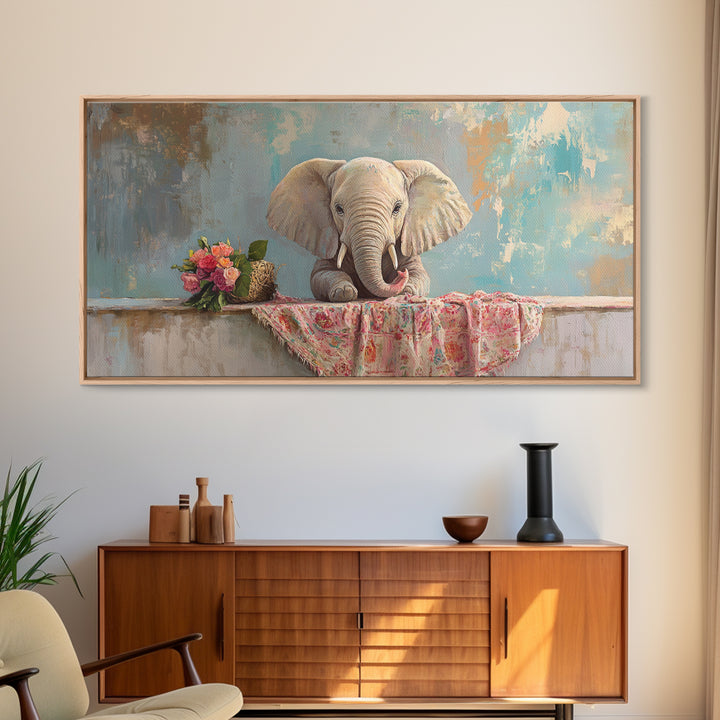 Baby Elephant With Flowers Framed Canvas Print, Safari Nursery Wall Art, Animal Wall Decor, Whimsical Kids Room Decor, Baby Shower Gift