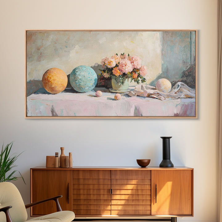 Pastel Orbs And Pink Flowers Canvas Print, Feminine Floral Wall Art, Dreamy Still Life Decor, Soft Bedroom Wall Decor For Her