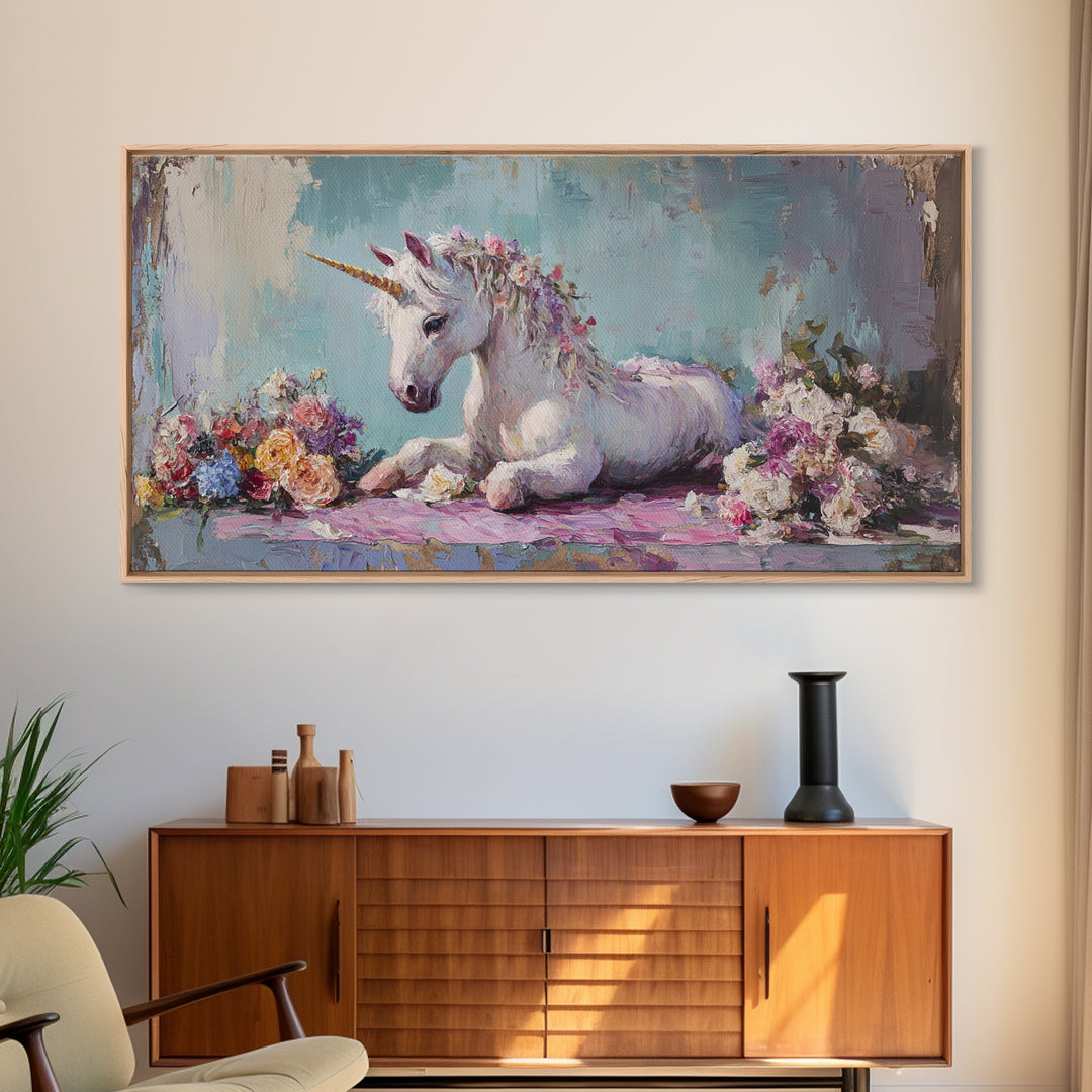 White Unicorn With Floral Garland Canvas Print, Fantasy Nursery Wall Art, Whimsical Girls Room Decor, Magical Gift For Her