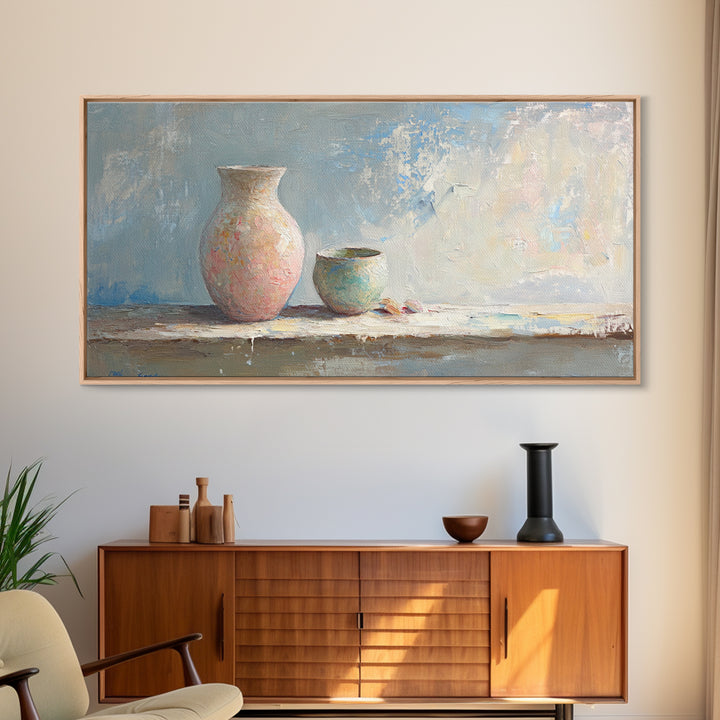 Pastel Ceramic Vase And Small Pot Wall Art, Minimalist Still Life, Neutral Home Decor, Modern Farmhouse Art, Living Room Decor