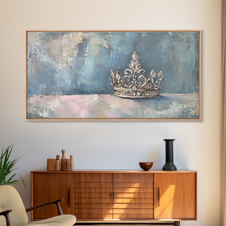 Silver Crown Still Life Wall Art, Princess Room Decor, Elegant Feminine Canvas Painting, Luxury Bedroom Gallery Wall Fine Art Print