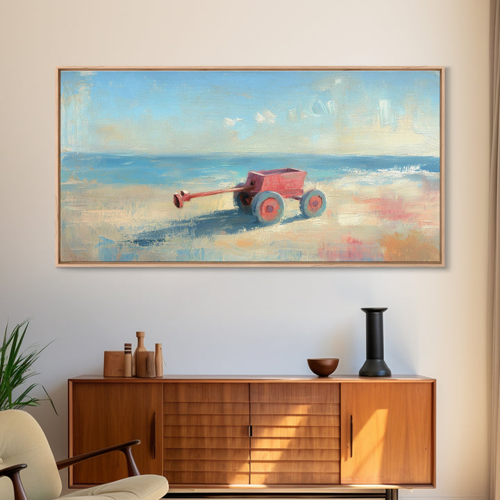 Red Toy Wagon On Sandy Beach Canvas Print, Coastal Nursery Wall Art, Whimsical Ocean Decor, Summer Kids Room Decor Print