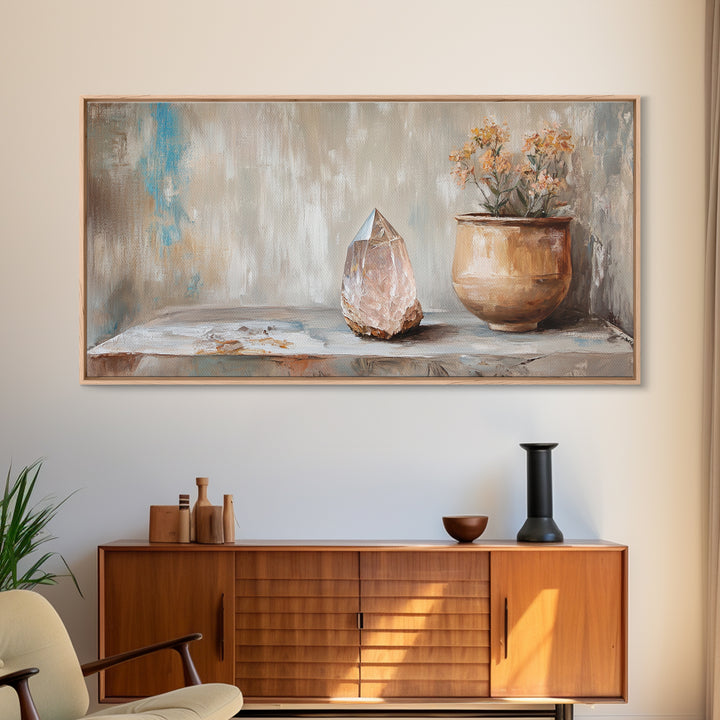 Rose Quartz Crystal And Potted Flowers Wall Art, Zen Still Life Painting, Earth Tone Boho Decor, Spiritual Canvas Print, Unique Gift