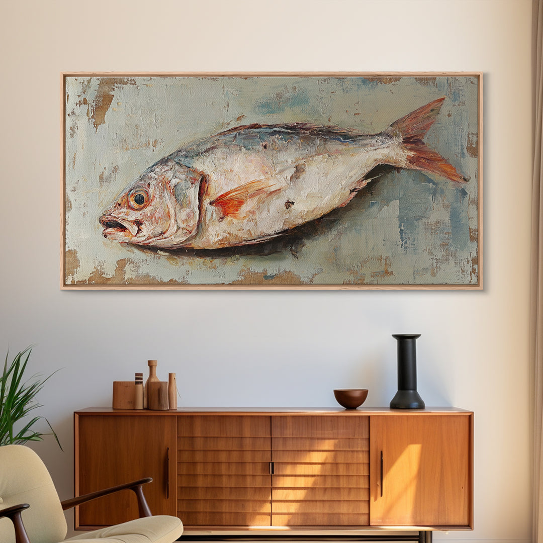 Rustic Whole Fish Oil Painting Wall Art, Coastal Kitchen Decor, Seafood Still Life, Nautical Dining Room Canvas Art Print