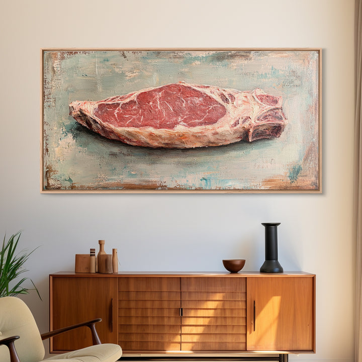 Raw Steak Oil Painting Canvas Print, Butcher Shop Kitchen Wall Art, Rustic Food Decor, Dining Room Art For Chefs, Restaurant Decor
