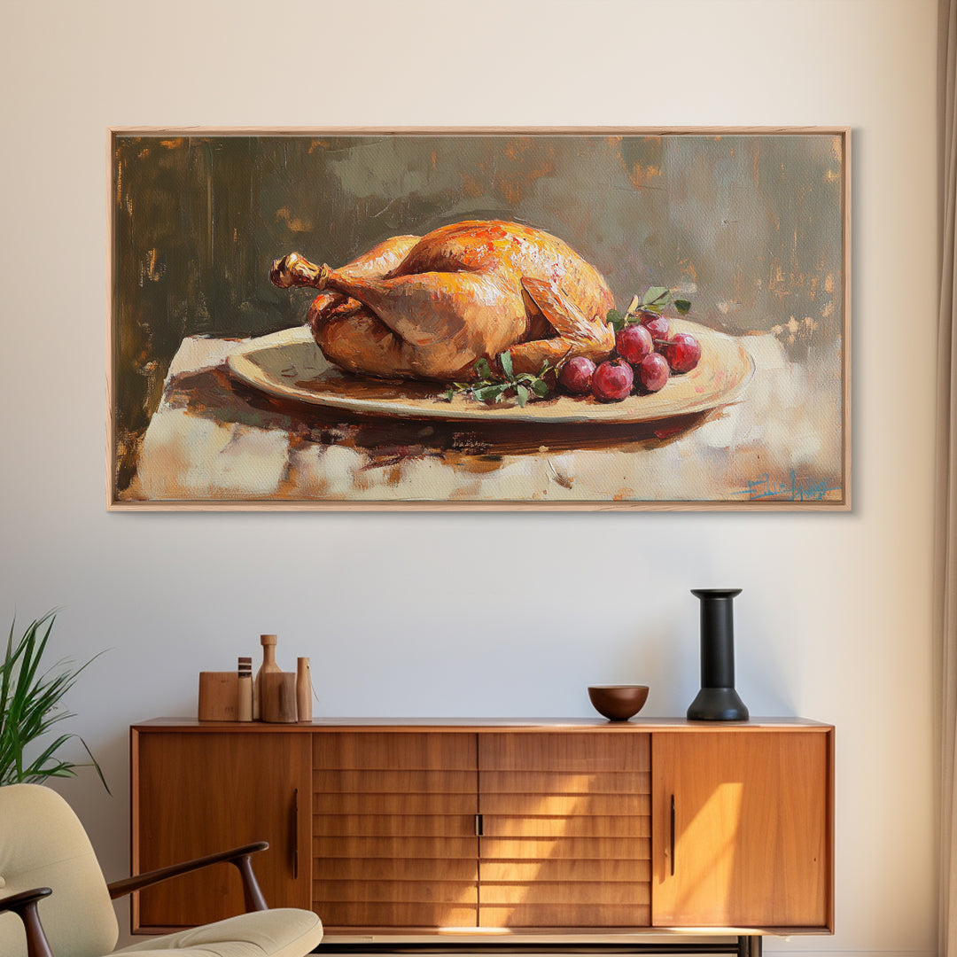 Roast Chicken And Grapes Oil Painting Wall Art, Rustic Kitchen Decor, Foodie Gift, Farmhouse Dining Room Canvas Print For Chefs