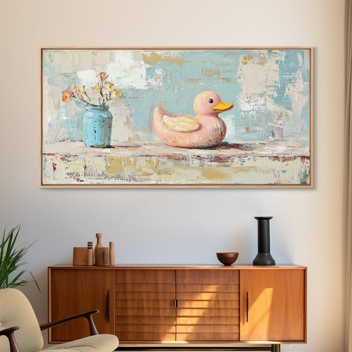 Whimsical Pink Duck With Flowers Canvas Print, Cute Bathroom Wall Art, Nursery Decor, Playroom Art, Gift For Her, Kids Room Decor
