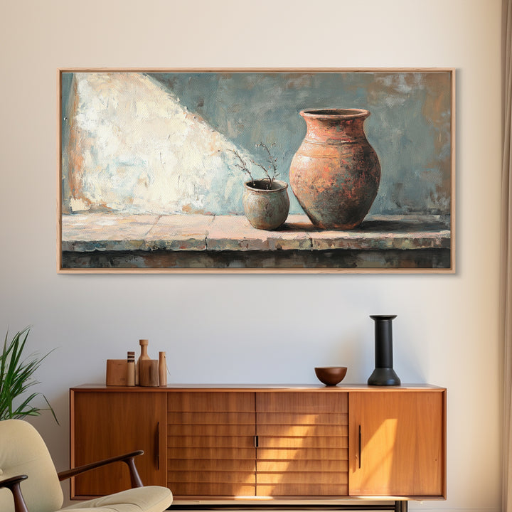 Rustic Terracotta Vase Still Life Wall Art, Earth Tone Kitchen Decor, Farmhouse Canvas Print, Warm Neutral Living Room Art