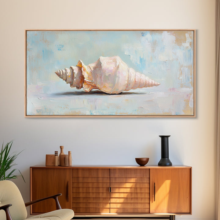 Soft Pastel Conch Shell Canvas Print, Coastal Wall Art, Beach House Decor, Ocean Art Print, Minimalist Coastal Decor Gift For Her