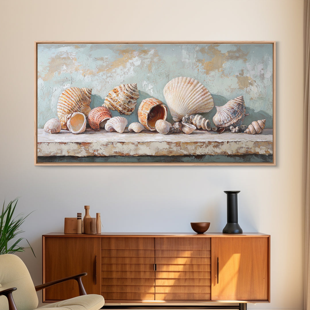 Neutral Seashell Still Life Framed Canvas Print, Coastal Wall Art, Beach House Decor, Ocean Wall Decor, Large Art Print Gift