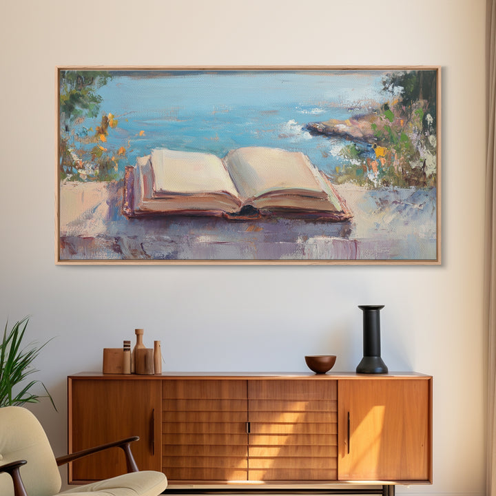 Open Book By The Lake Wall Art, Reading Nook Decor, Literary Art Print, Coastal Landscape Canvas, Book Lover Gift, Home Decor