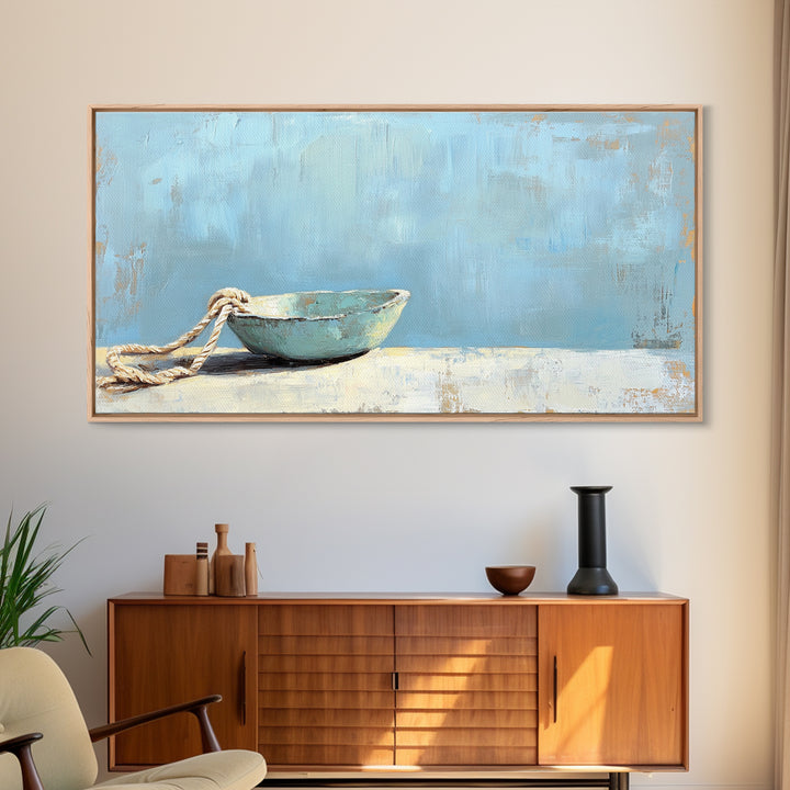 Weathered Blue Bowl With Rope Nautical Wall Art, Coastal Home Decor, Beach House Canvas Print, Minimalist Ocean Wall Decor