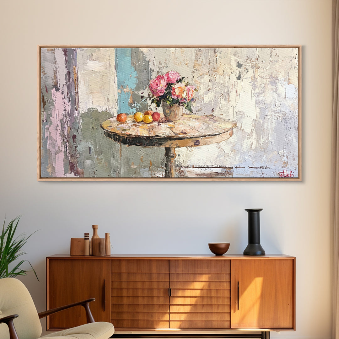 Round Cafe Table With Roses And Fruit Wall Art, French Country Kitchen Decor, Floral Still Life Canvas Print, Housewarming Gift