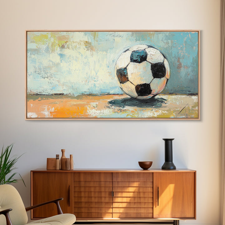 Classic Soccer Ball On Blue Abstract Background Wall Art, Sports Room Decor, Game Room Canvas Print, Gift For Him, Kids Room Art