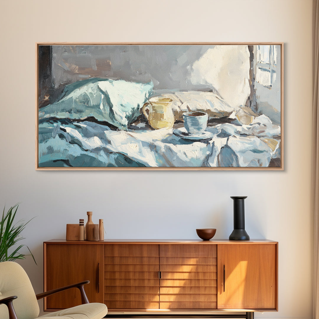 Morning Coffee In Bed With Blue Linens Wall Art, Cozy Bedroom Canvas Print, Guest Room Decor, Above Bed Art Gift For Her