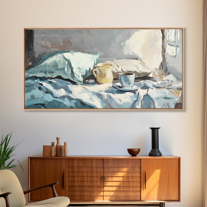 Morning Coffee In Bed With Blue Linens Wall Art, Cozy Bedroom Canvas Print, Guest Room Decor, Above Bed Art Gift For Her