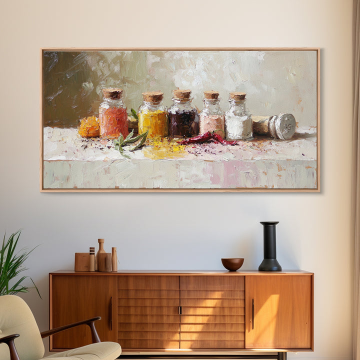 Kitchen Spice Bottles With Chili And Herbs Wall Art, Rustic Canvas Print, Foodie Kitchen Decor, Dining Room Art Gift For Chef