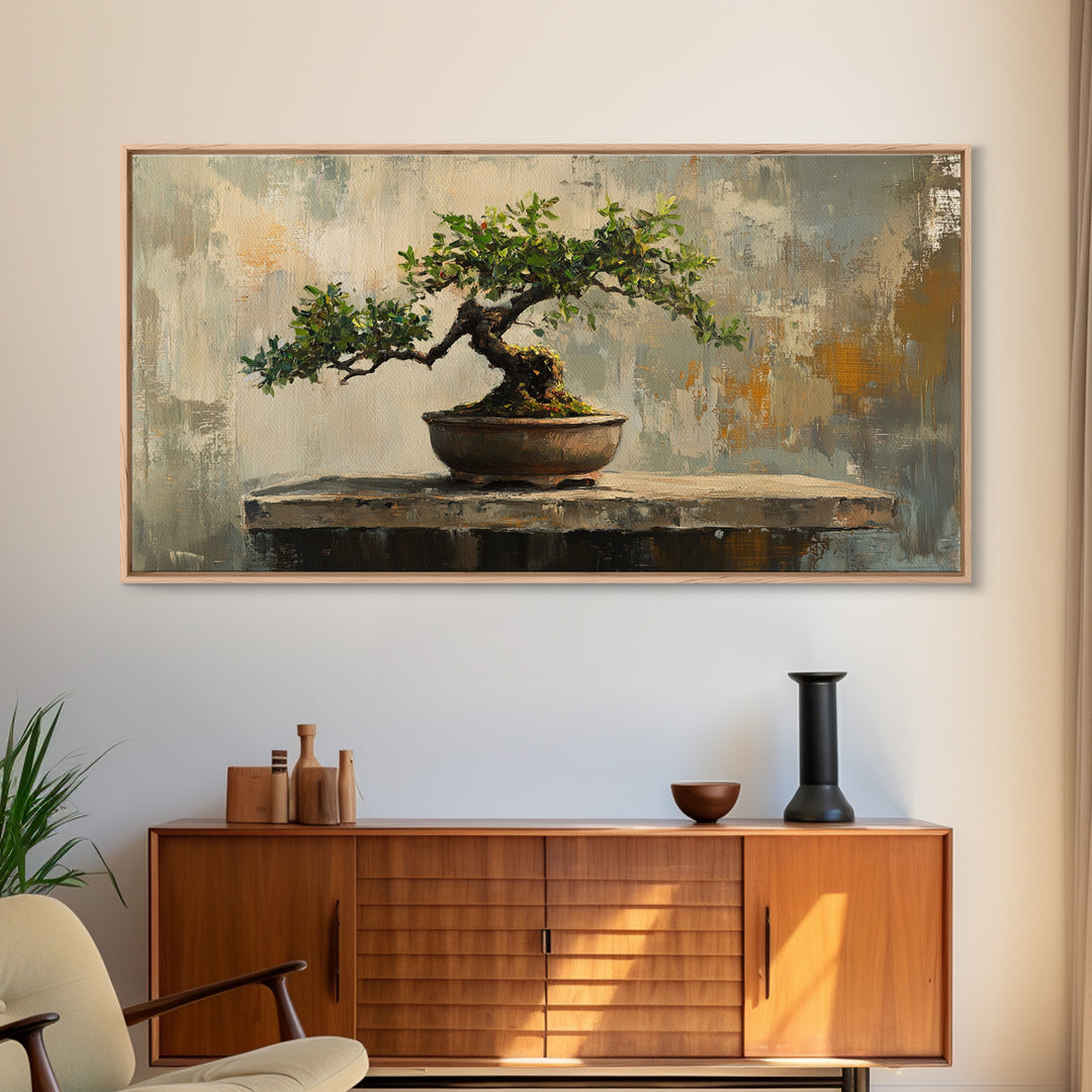 Textured Bonsai Tree In Rustic Pot Framed Canvas Print, Japandi Zen Home Decor, Nature Wall Art, Office Decor Housewarming Gift