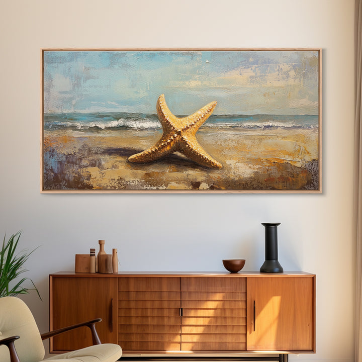 Golden Starfish On Sandy Beach Canvas Print, Coastal Wall Art, Ocean Wall Decor, Beach House Decor, Summer Home Decor Gift