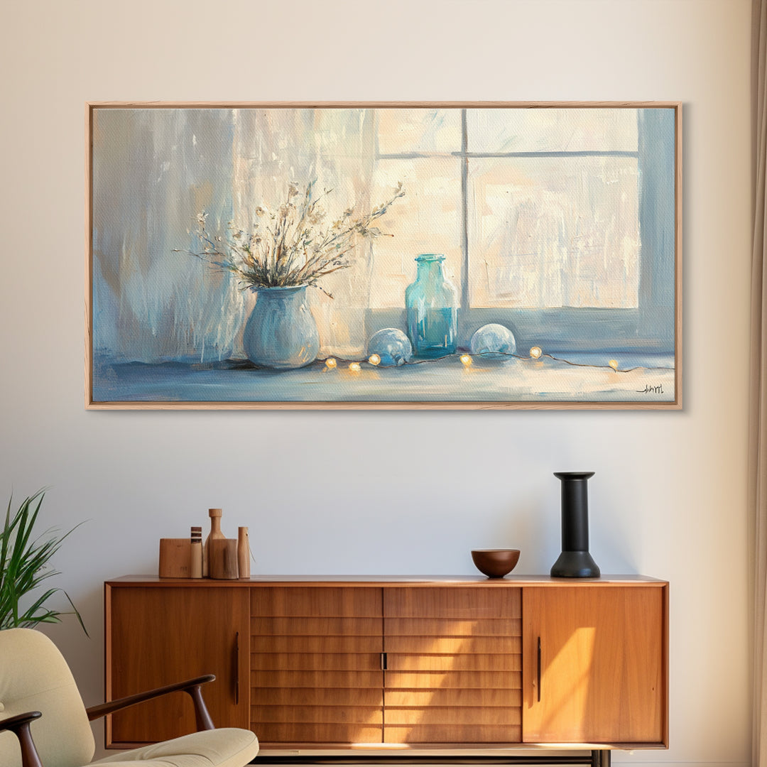 Soft Blue Window Still Life With Vase Canvas Print, Calming Wall Art, Cozy Bedroom Decor, Neutral Home Decor Gift For Her
