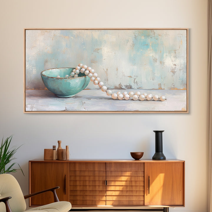 Turquoise Bowl With Pearl Strand Wall Art, Feminine Still Life Art Print, Coastal Bathroom Decor, Elegant Home Decor Gift