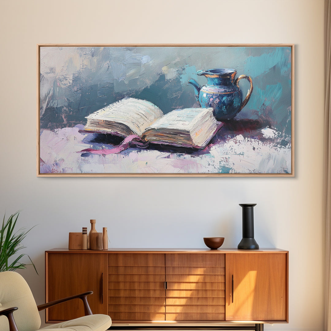 Open Book And Blue Pitcher Wall Art, Cozy Library Home Decor, Reading Nook Art Print, Book Lover Framed Canvas Print Gift