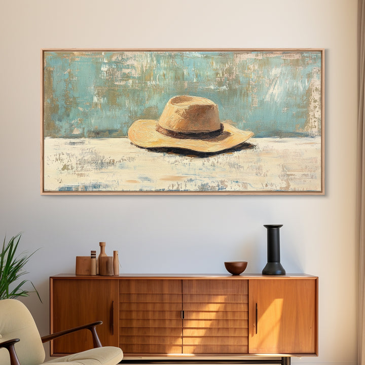 Rustic Straw Cowboy Hat Wall Art, Western Home Decor, Farmhouse Country Art Print, Masculine Framed Canvas Print Gift For Him