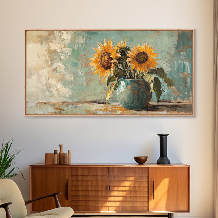 Sunflowers In Turquoise Pitcher Wall Art, Rustic Floral Decor, Country Kitchen Art Print, Farmhouse Framed Canvas Print Gift