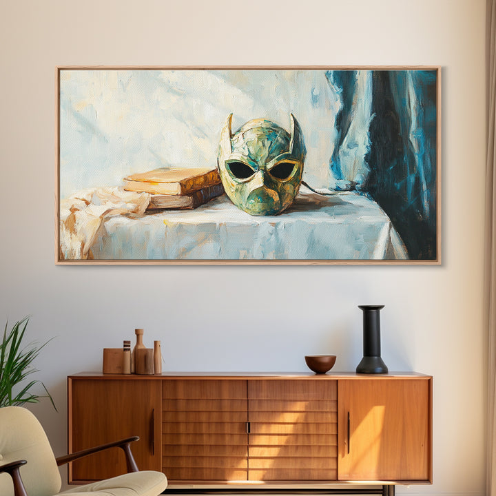 Green Masquerade Mask And Books Wall Art, Gothic Library Decor, Fantasy Dark Academia Art Print, Framed Canvas Print Gift