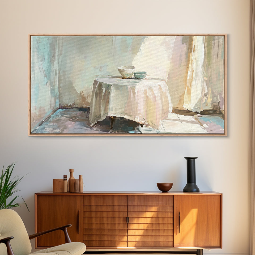 Sunlit Table With Teacups Wall Art, Minimalist Neutral Decor, Cozy Dining Room Art Print, Japandi Framed Canvas Print Gift