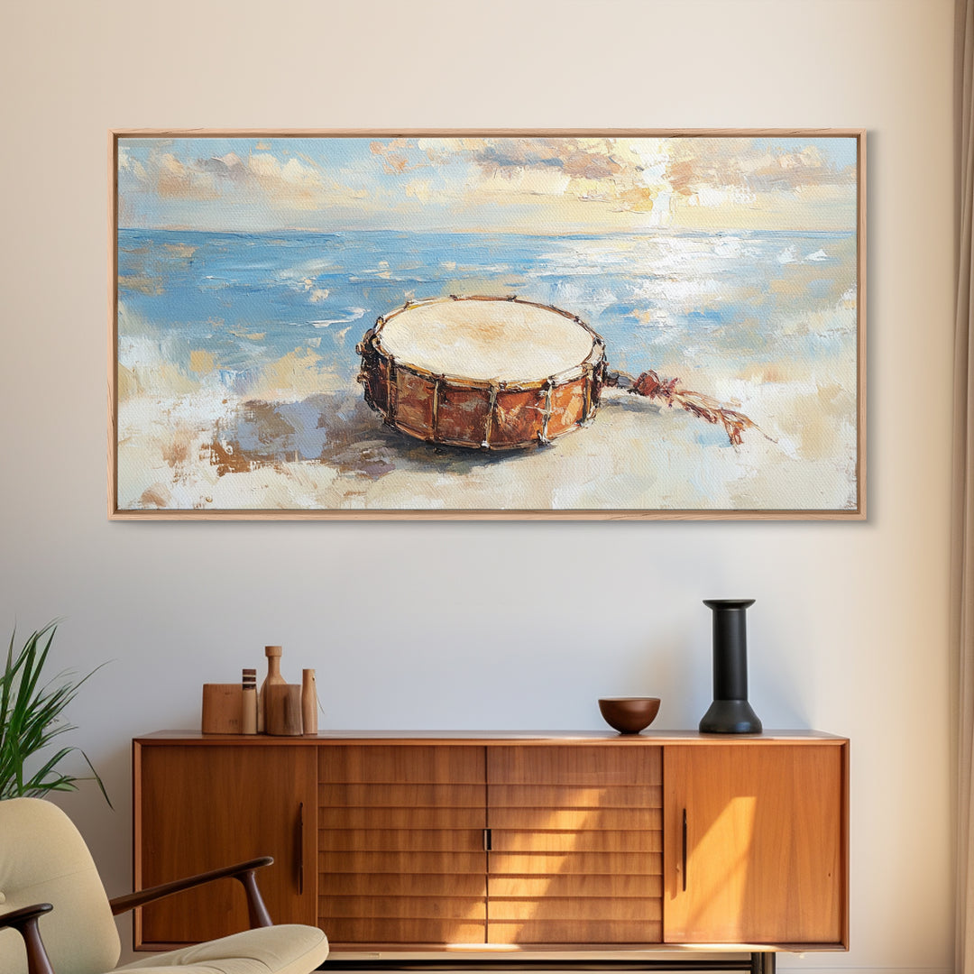 Weathered Beach Drum At Sunrise, Coastal Seascape Framed Canvas Print, Ocean Wall Art, Nautical Decor, Beach House Decor Gift