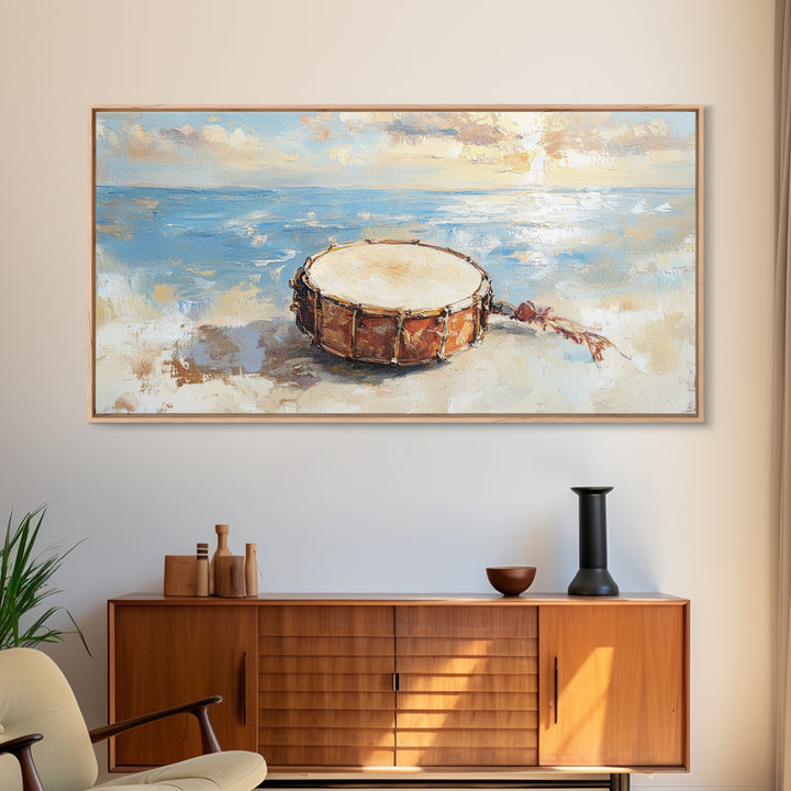 Weathered Beach Drum At Sunrise, Coastal Seascape Framed Canvas Print, Ocean Wall Art, Nautical Decor, Beach House Decor Gift