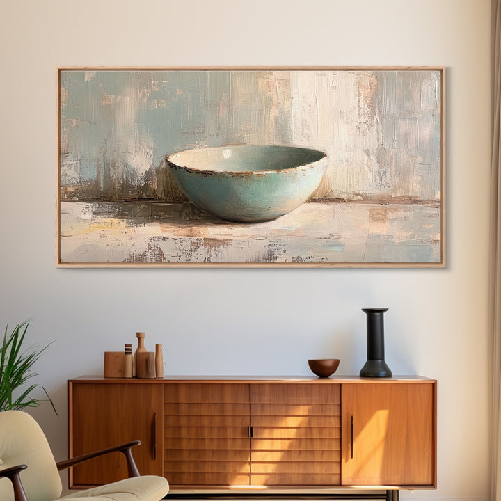 Turquoise Ceramic Bowl Still Life, Minimalist Framed Canvas Print, Neutral Wall Art, Wabi Sabi Decor, Modern Kitchen Art