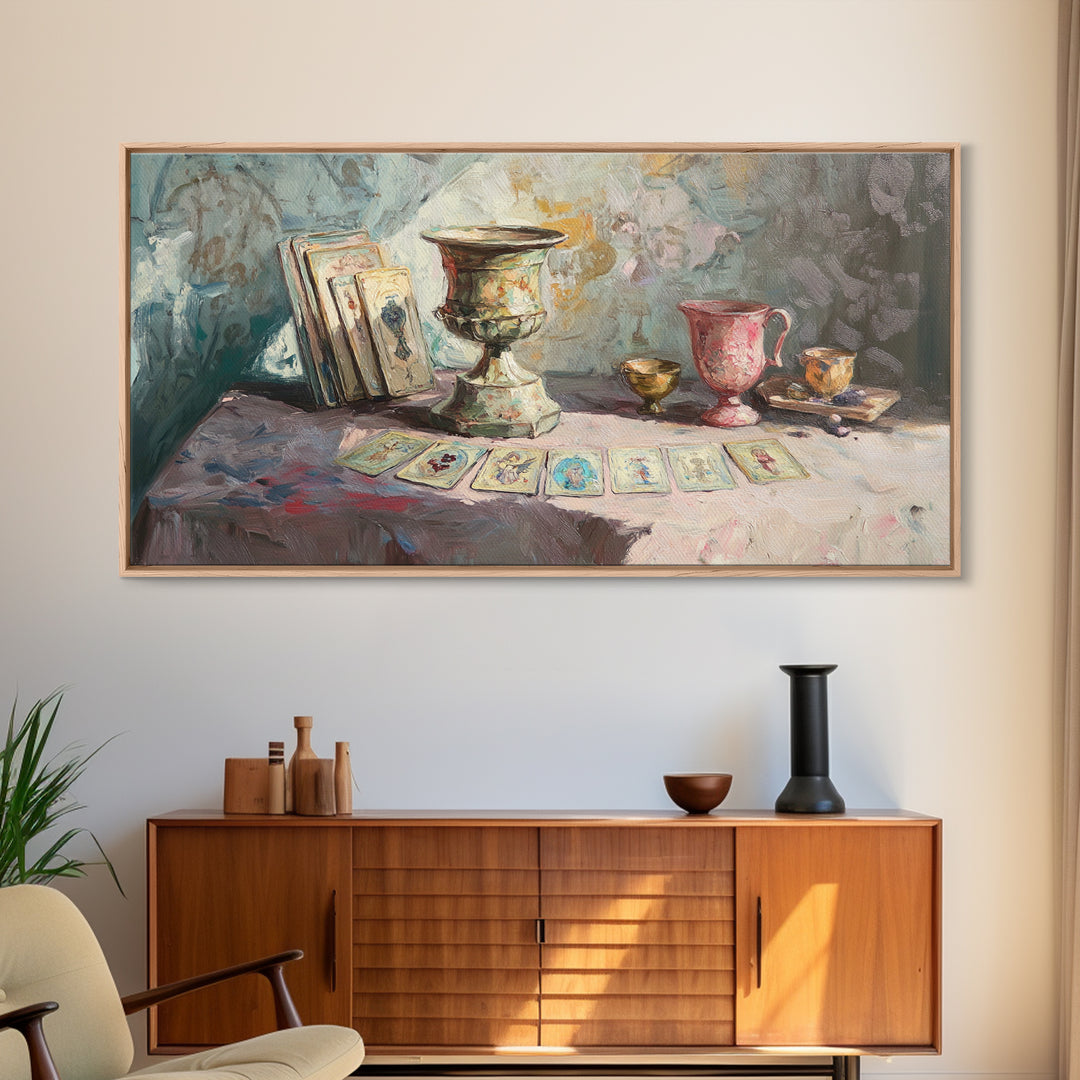 Tarot Cards And Antique Goblets, Mystical Still Life Canvas Print, Witchy Wall Art, Dark Academia Decor, Unique Spiritual Gift