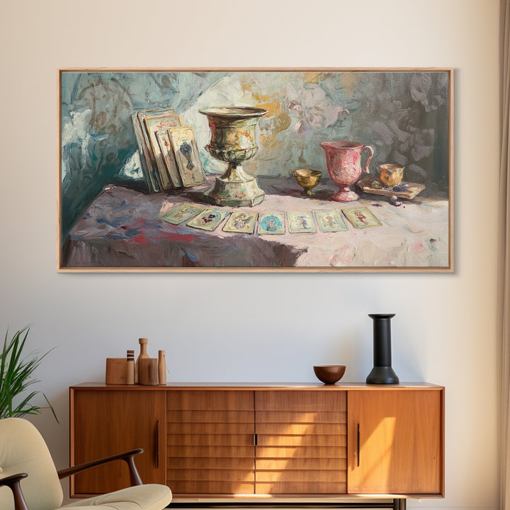 Tarot Cards And Antique Goblets, Mystical Still Life Canvas Print, Witchy Wall Art, Dark Academia Decor, Unique Spiritual Gift