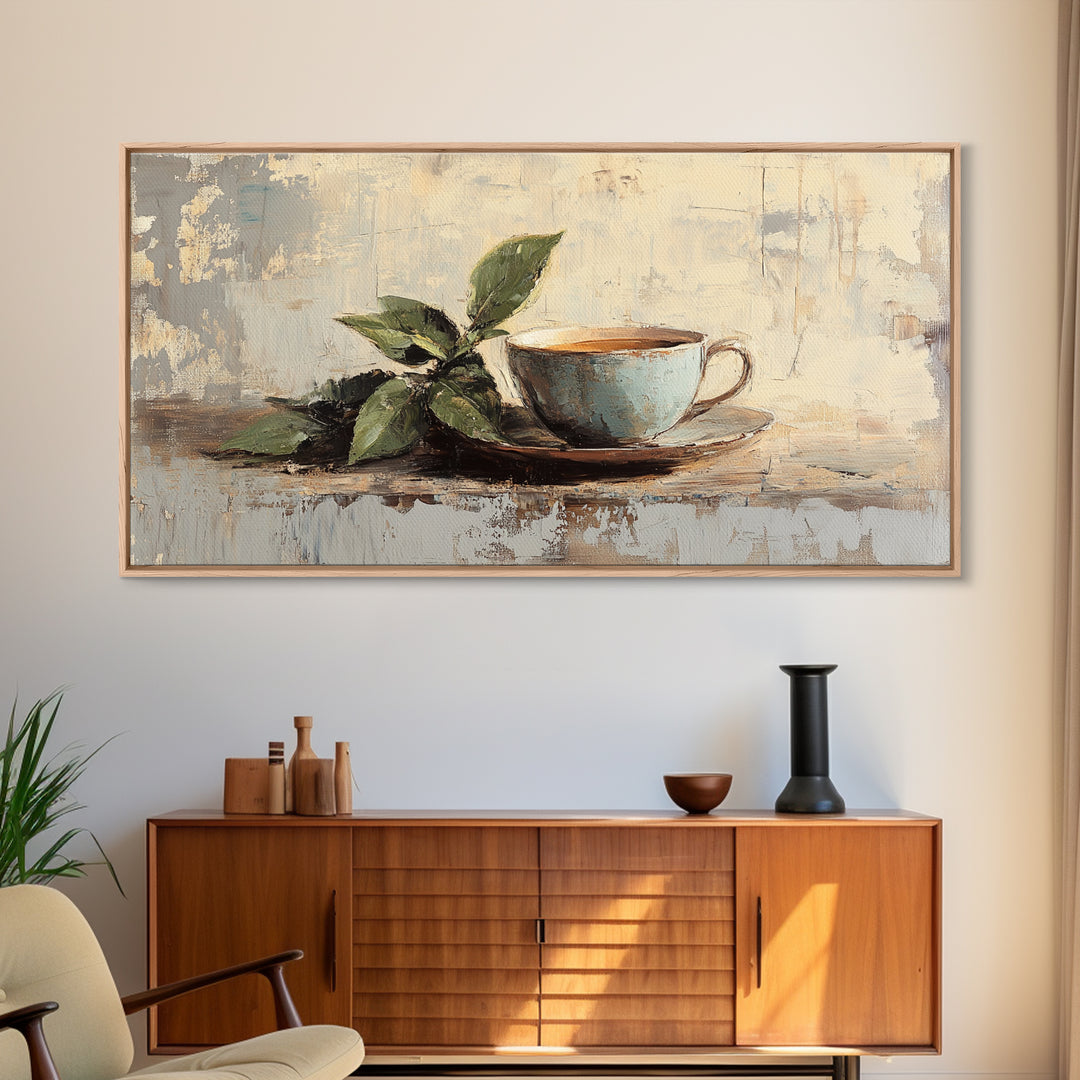 Leafy Coffee Cup Still Life, Rustic Kitchen Canvas Print, Botanical Wall Art, Coffee Bar Decor, Neutral Home Decor Housewarming Gift