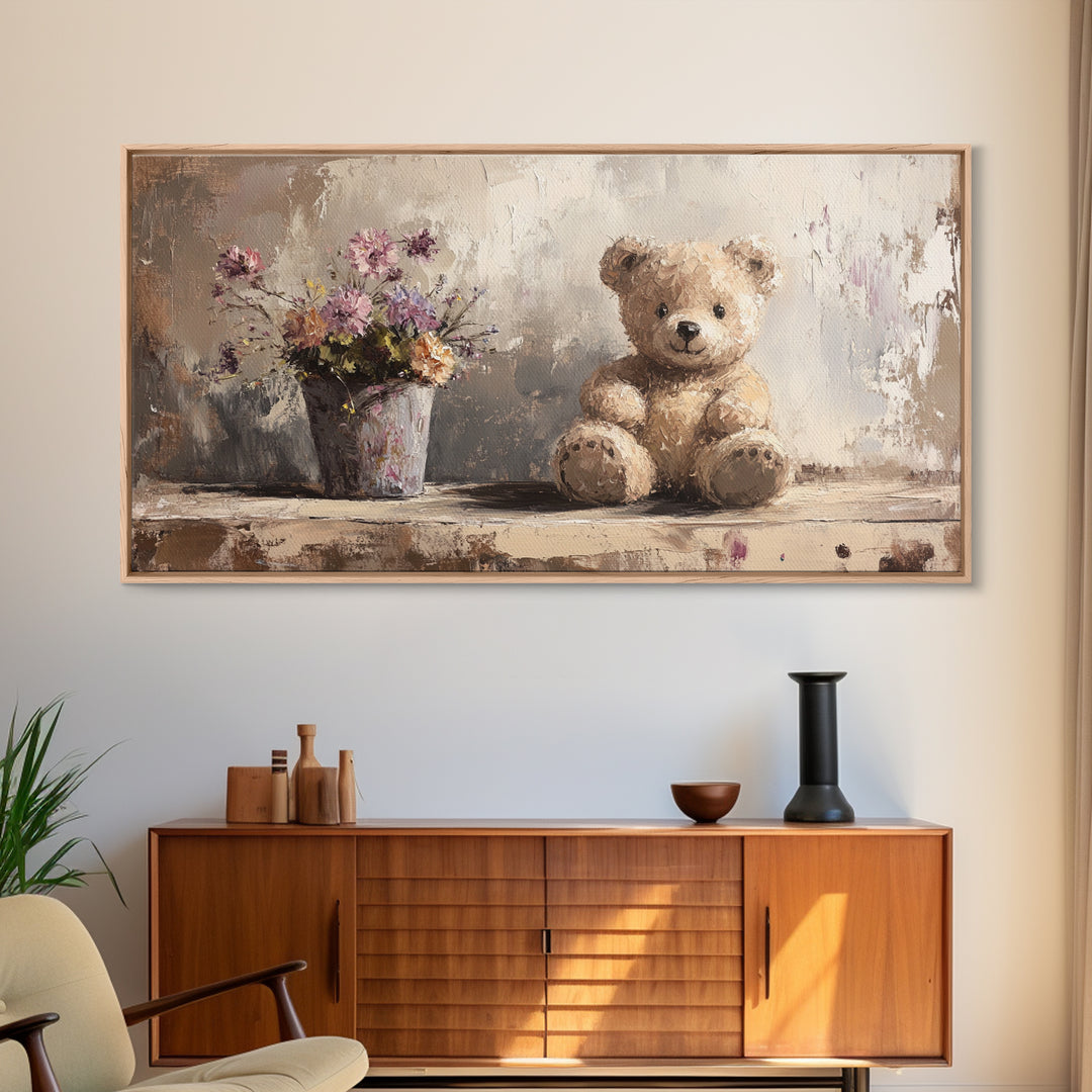Teddy Bear With Wildflowers, Sweet Nursery Framed Canvas Print, Whimsical Wall Art, Kids Room Decor, Cute Baby Shower Gift