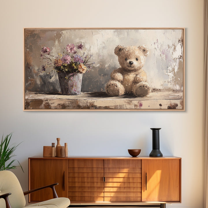 Teddy Bear With Wildflowers, Sweet Nursery Framed Canvas Print, Whimsical Wall Art, Kids Room Decor, Cute Baby Shower Gift