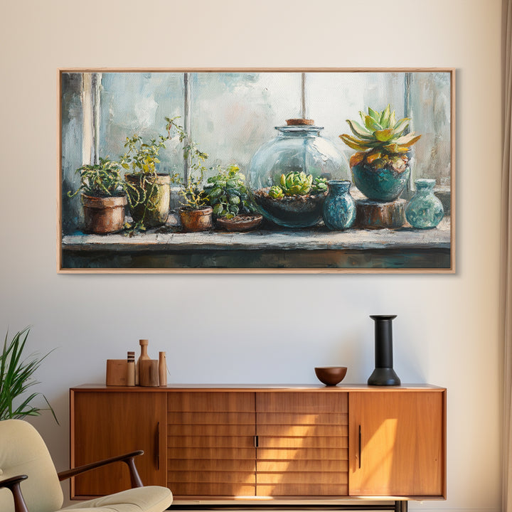 Sunlit Succulent And Potted Plant Wall Art, Botanical Canvas Print, Boho Plant Decor, Nature Inspired Home Decor, Living Room Decor