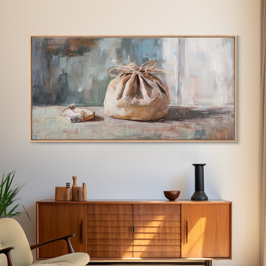 Knotted Linen Bundle Still Life Wall Art, Neutral Rustic Home Decor, Wabi Sabi Canvas Print, Minimalist Kitchen Wall Decor