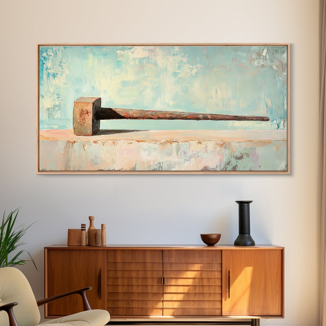 Rusty Hammer On Pale Blue Shelf Wall Art, Industrial Tool Canvas Print, Garage Decor, Workshop Office Decor, Gift For Him