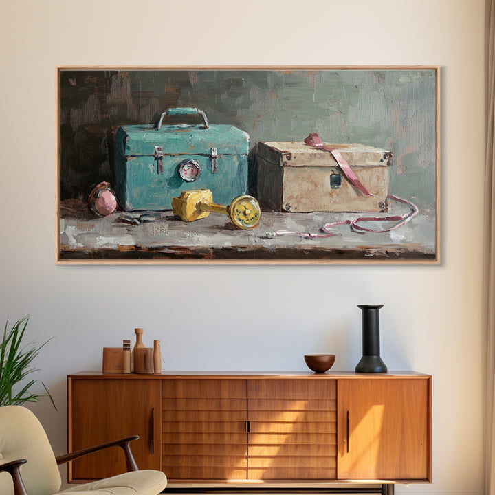 Turquoise Toolbox And Cardboard Box Wall Art, Industrial Still Life Canvas Print, Garage Decor, Workshop Office Decor, Gift For Him