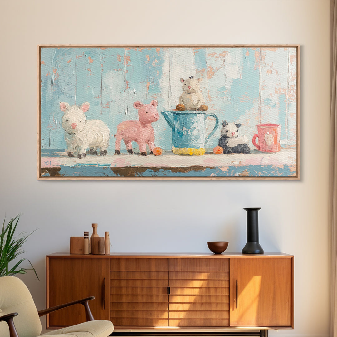 Sweet Farm Animal Toys On Shelf Wall Art, Whimsical Nursery Canvas Print, Kids Room Decor, Baby Animal Art, Gift, Playroom Decor